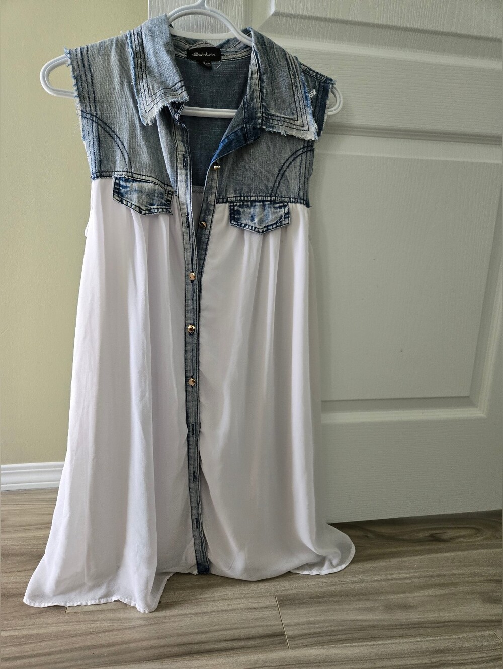Sleeveless Denim-Trim White Maxi Dress